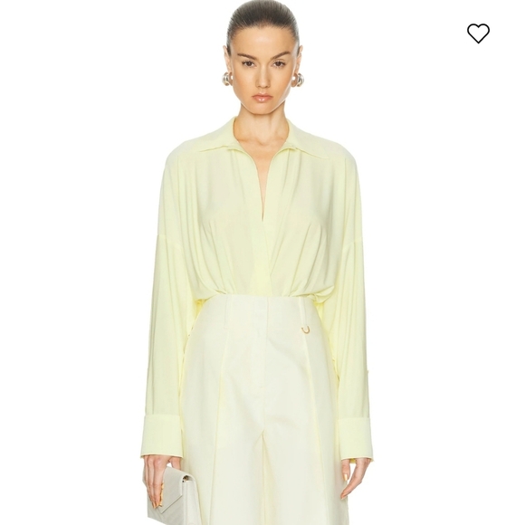 NWT Norma Kamali Oversized Boyfriend Style V Neck Bodysuit Butter XS - Picture 10 of 11